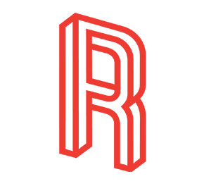 A bold, three-dimensional red letter R outlined in red with white space inside, shown on a plain white background.
