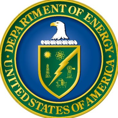 The official seal of the U.S. Department of Energy, featuring a bald eagle above a shield with symbols of energy, including a lightning bolt, atomic structure, oil derrick, windmill, and sun, with a green and gold border.