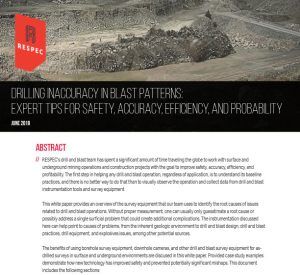 A RESPEC report titled “Drilling Inaccuracy in Blast Patterns: Expert Tips for Safety, Accuracy, Efficiency, and Probability” features a red RESPEC logo, abstract text, and an image of an industrial mining site.