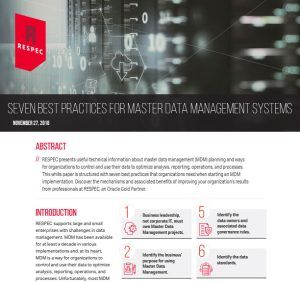 A RESPEC-branded document titled Seven Best Practices for Master Data Management Systems, dated November 27, 2018, with abstract, introduction, and six highlighted best practice tips in numbered icons at the bottom.