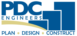 Logo for PDC Engineers featuring large blue text and geometric shapes resembling steps. Below, it reads Plan • Design • Construct with a curved yellow line and blue dots between the words.