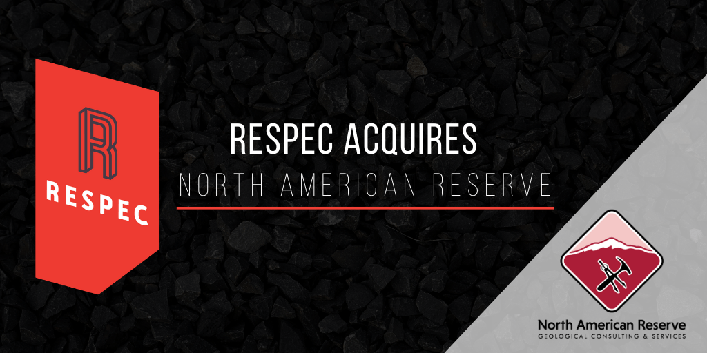 A graphic announces RESPEC acquires North American Reserve. The RESPEC logo is on the left over a black rock background, and the North American Reserve logo is on the lower right.