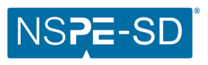 Blue rectangular logo with white text reading NSPE-SD and a small registered trademark symbol in the top right corner.