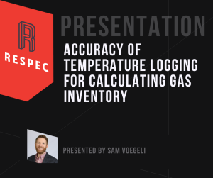 A presentation slide titled Accuracy of Temperature Logging for Calculating Gas Inventory by RESPEC, presented by Sam Voegeli, featuring his photo in the bottom left corner.