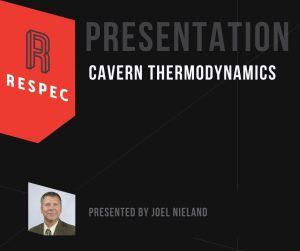 Presentation slide titled Cavern Thermodynamics by RESPEC, presented by Joel Nieland. Features RESPEC logo and a small photo of Joel Nieland in the lower left corner. Black background with white and gray text.