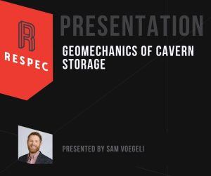 Slide titled Presentation: Geomechanics of Cavern Storage with the RESPEC logo, photo of a smiling man in a suit, and text Presented by Sam Voegeli on a black background.
