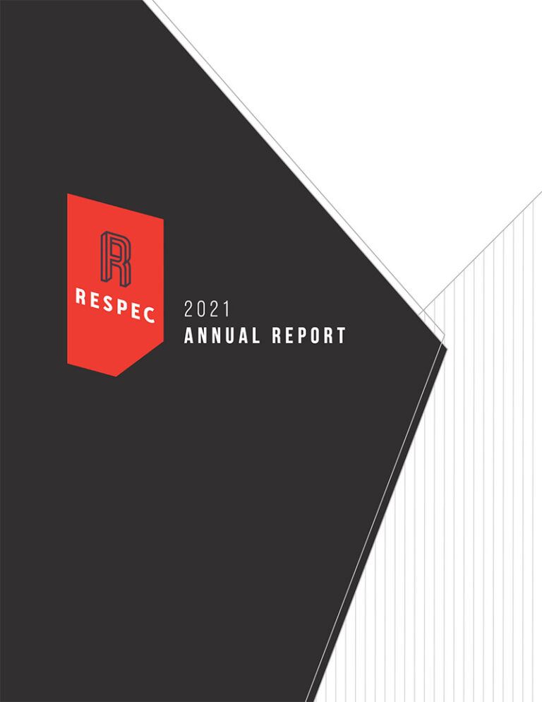 Cover of the RESPEC 2021 Annual Report featuring a red shield with an R logo on a diagonal black background, with angled white and lined sections. Text reads RESPEC 2021 Annual Report.