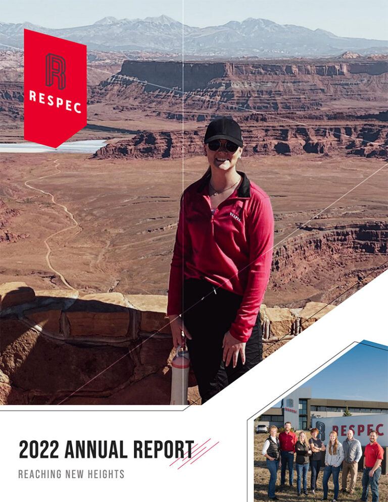 A woman wearing sunglasses, a black cap, and a red shirt stands on a scenic, rocky overlook. Inset shows a group of people standing in front of a building with the RESPEC logo. Text reads 2022 Annual Report: Reaching New Heights.