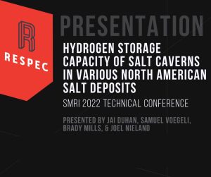 Conference presentation slide featuring the RESPEC logo and the title Hydrogen Storage Capacity of Salt Caverns in Various North American Salt Deposits, SMRI 2022 Technical Conference, with authors listed at the bottom.