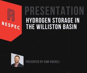 A presentation slide with the title Hydrogen Storage in the Williston Basin by RESPEC. Theres a small photo of Sam Voegeli, labeled as the presenter, in the bottom left corner. Black background with gray and white text.