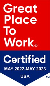 Red and blue badge stating Great Place To Work Certified May 2022 - May 2023 USA, indicating the organization received a certification for being a positive workplace during that period.