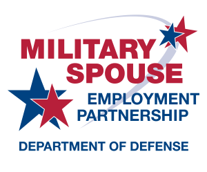 Logo with blue and red stars and text that reads: Military Spouse Employment Partnership, Department of Defense. A swoosh arcs over the words and stars.
