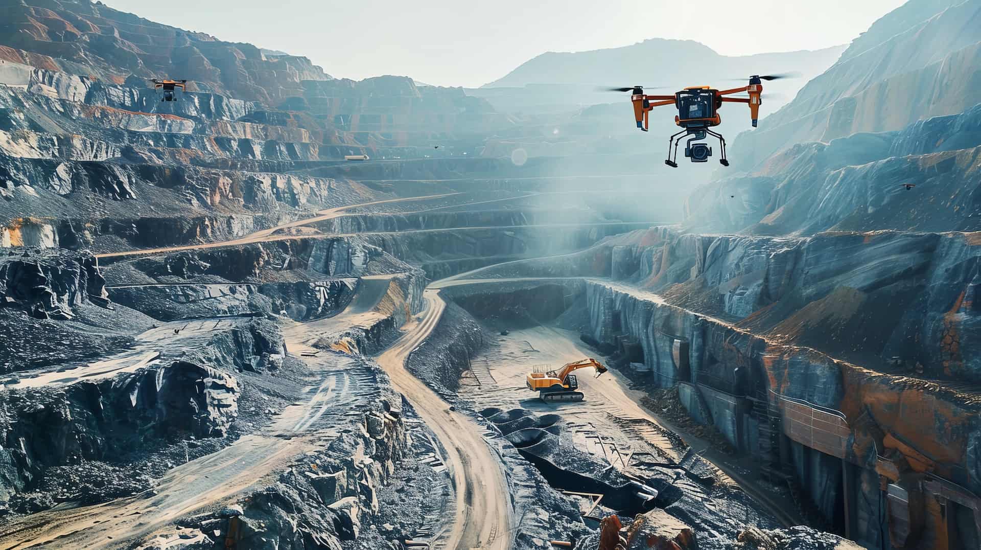 A drone hovers above a large open-pit mine with terraced rock walls. Below, an excavator works on the winding dirt roads amid dust and mining activity. Mountains rise in the background.