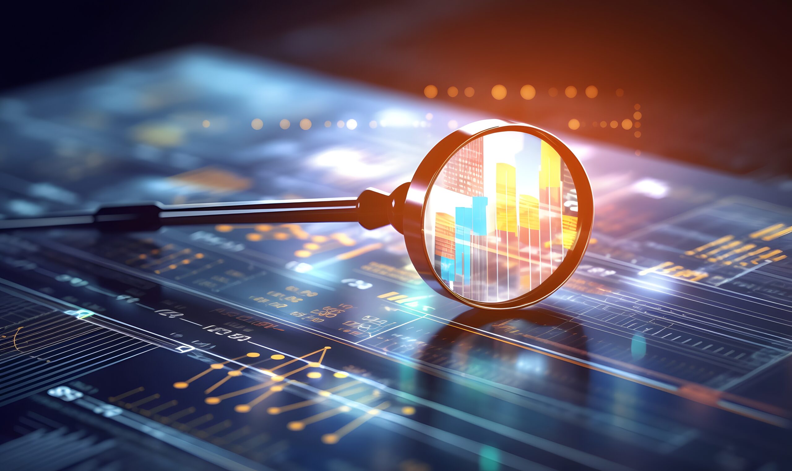 A magnifying glass focuses on colorful bar and line graphs displayed on a digital screen, symbolizing data analysis and financial research with charts and numbers in the background.