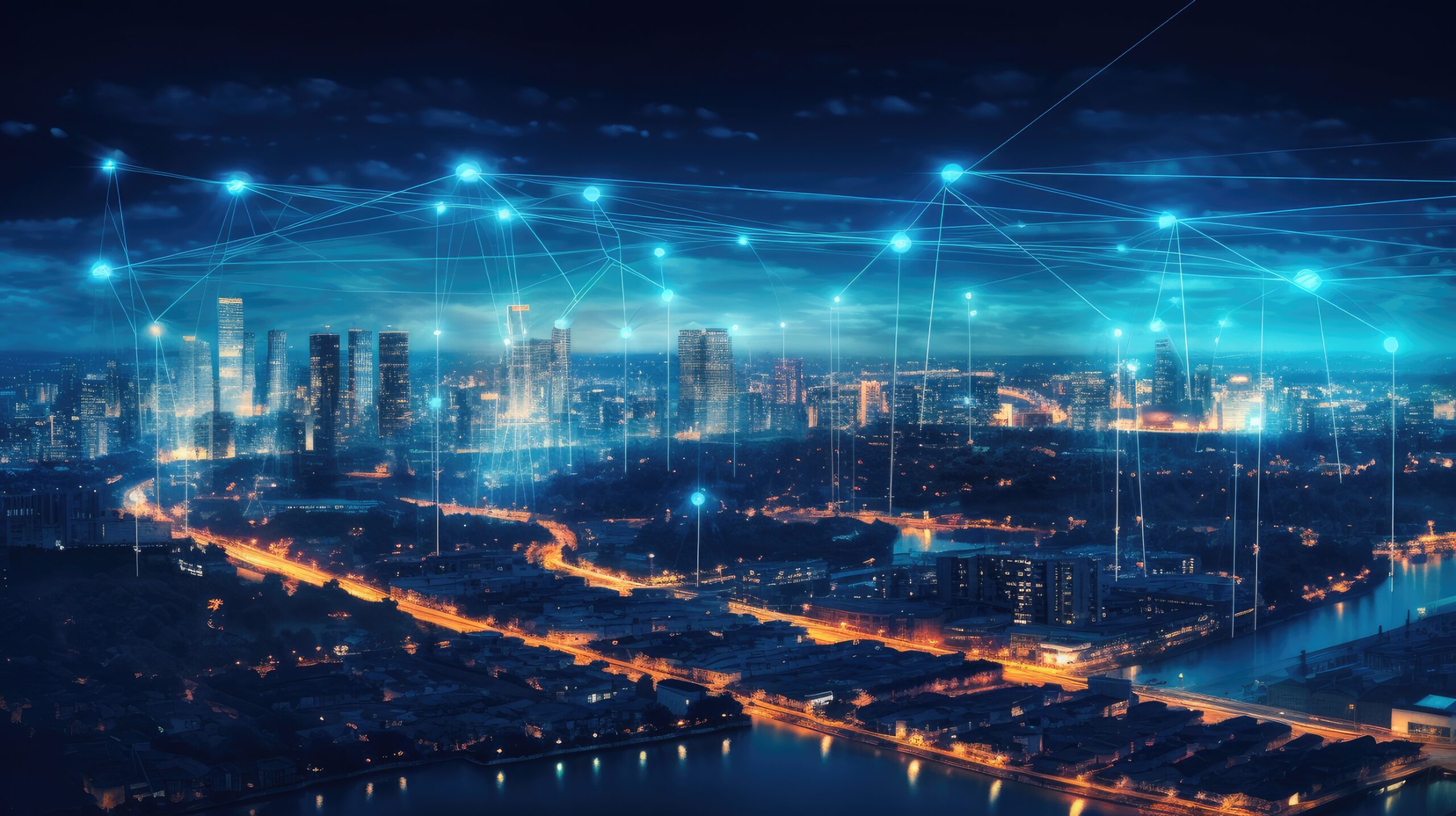 A nighttime cityscape with illuminated buildings and roads. Digital lines and glowing nodes overlay the scene, symbolizing a connected smart city and advanced technology network.