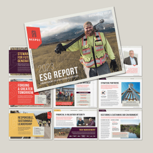 A collage of pages from a 2023 ESG Report by RESPEC, featuring a cover photo of a smiling worker in safety gear, and interior pages with text, charts, images of people, a tipi, and business-related graphics.