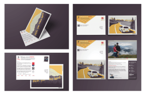 A collage of promotional postcard designs featuring travel themes, with illustrations of a car on a winding road, messages like Wish You were here!, and sections for text, logos, and a photo of a person outdoors.