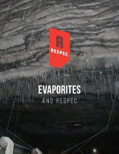 A rocky underground cavern with layered, light-colored mineral deposits on the ceiling. Long stalactites hang down, and EVAPORITES AND RESPEC with the RESPEC logo appear in the center of the image.