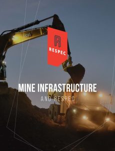 A construction excavator loads dirt into a large dump truck at dusk, with the RESPEC logo and the text Mine Infrastructure and RESPEC overlaid on the image.