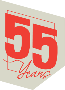A graphic featuring the number 55 in large red text and the word Years in cursive script below, all on a light, angular background.