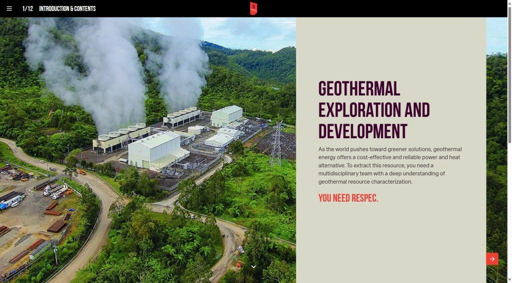 Aerial view of a geothermal power plant surrounded by dense green forest with steam rising from the facility; text on the right promotes geothermal exploration and development.