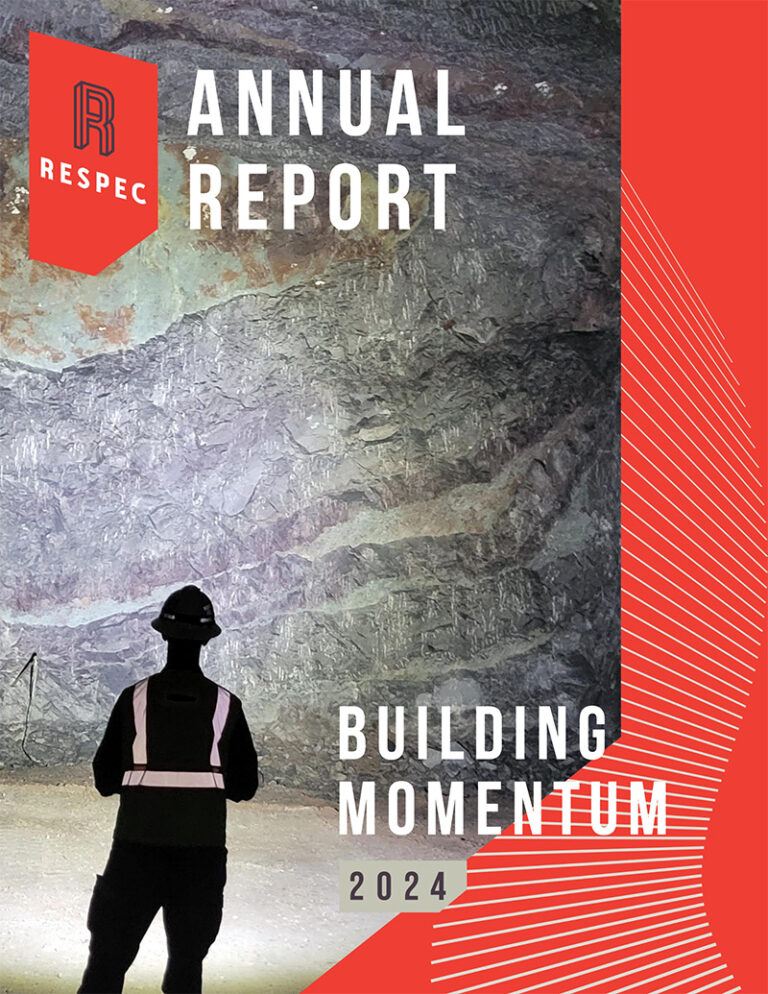 A person wearing a hard hat and safety vest stands underground facing a large rock wall. The text reads, RESPEC Annual Report: Building Momentum 2024 on a red and gray graphic background.