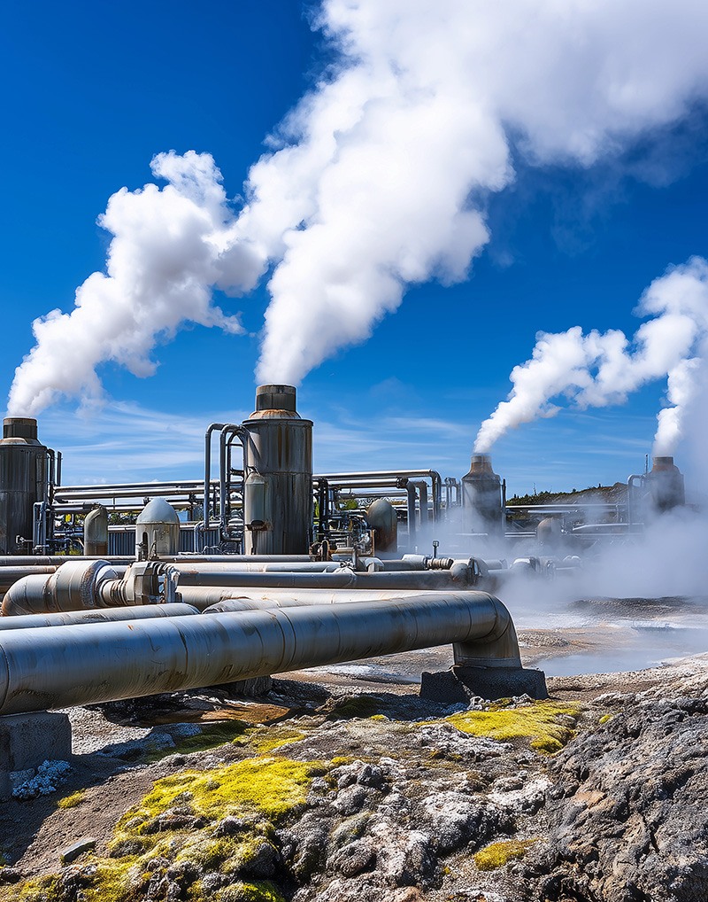 Industrial geothermal power plant with large metal pipes and towers emitting steam, set against a bright blue sky and surrounded by rocky, moss-covered ground.