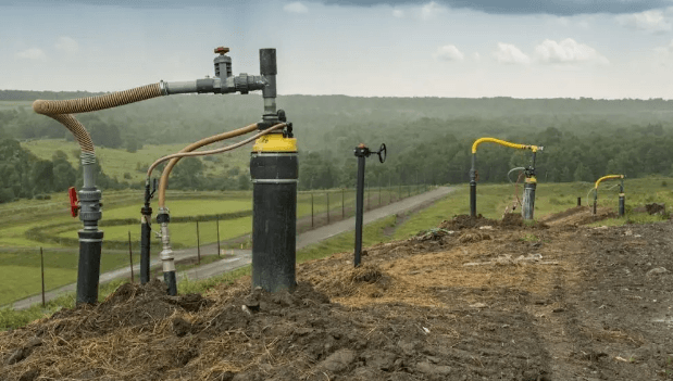Several gas extraction pipes and valves are installed along a grassy hillside, with farmland and trees in the background under a cloudy sky.