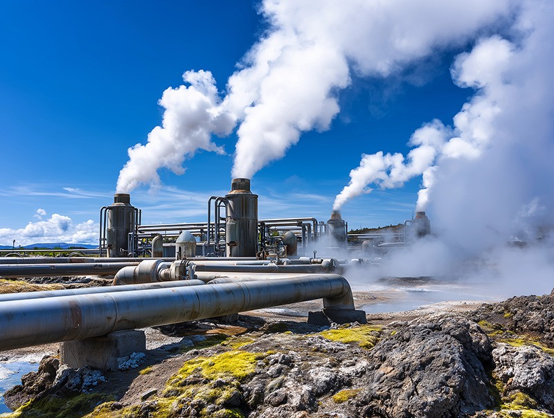 Industrial geothermal power plant with large metal pipes and towers emitting steam, set against a bright blue sky and surrounded by rocky ground with patches of green moss.