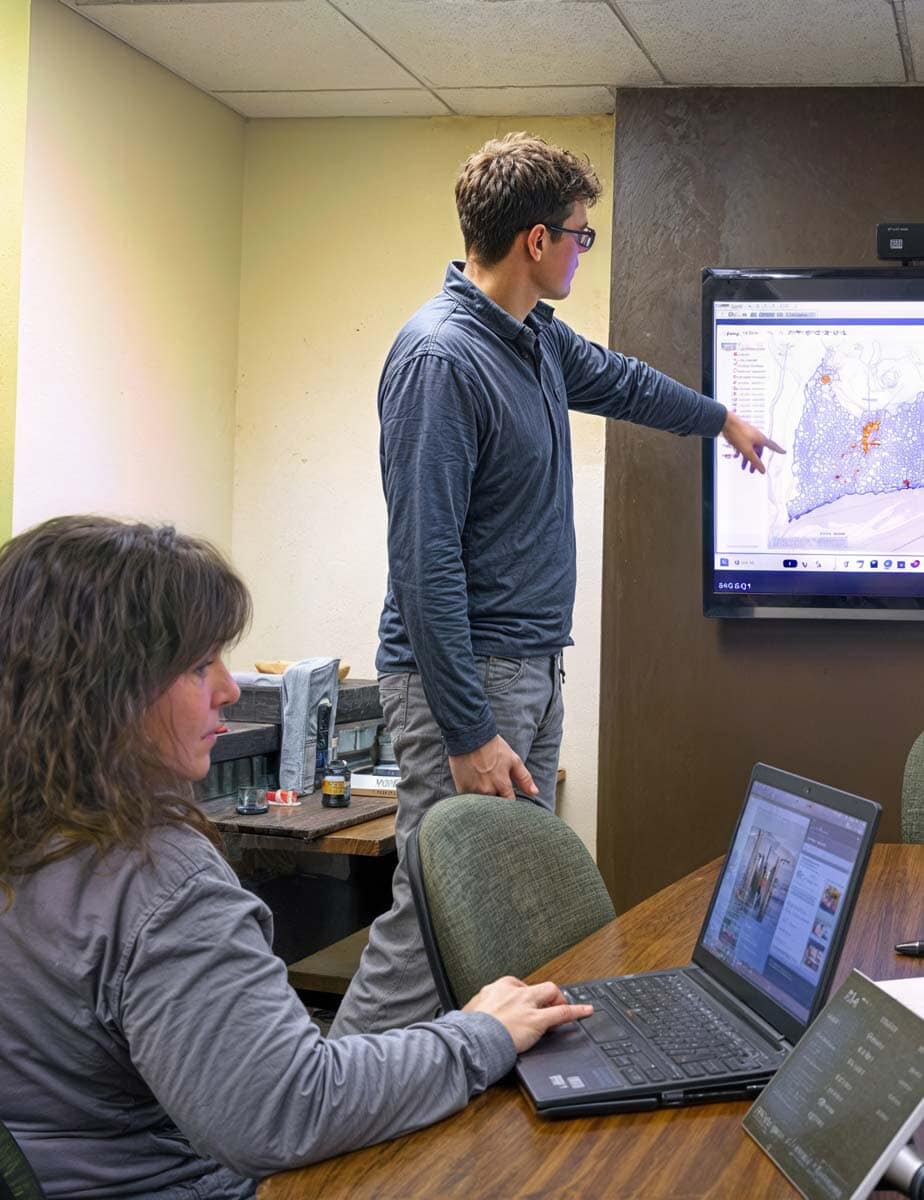 A man stands and points at a map on a large screen during a meeting, while a woman sits at a table using a laptop. Both appear focused and engaged in discussion.