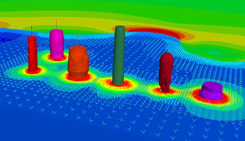 A computer-generated simulation shows six colored objects in water with wave patterns, colored gradients, and arrows indicating flow direction. The objects have different shapes and are surrounded by concentric colored rings.