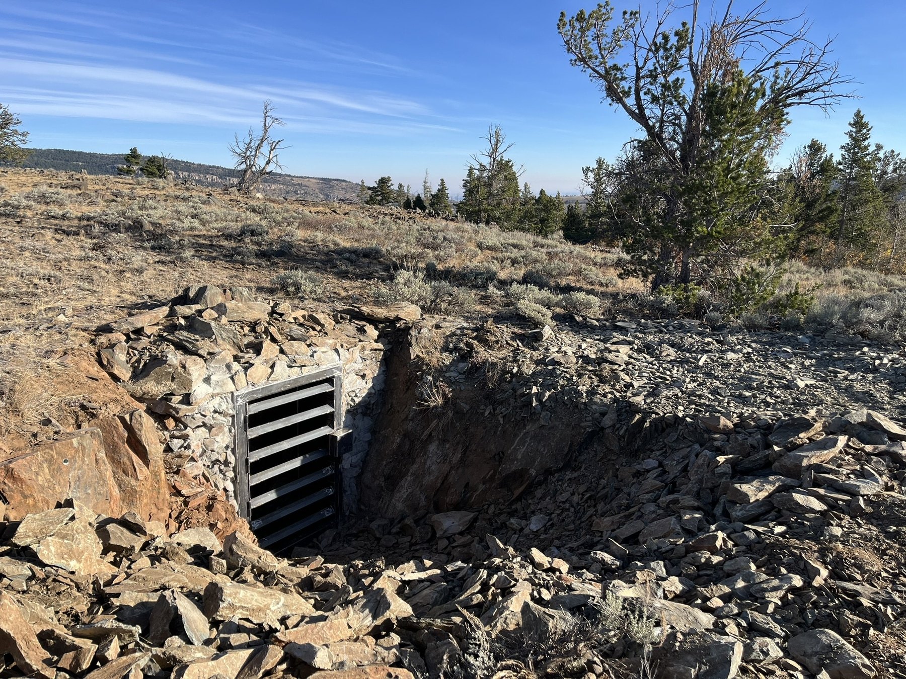 A metal-barred mine or tunnel entrance set into a rocky hillside, surrounded by loose stones and sparse vegetation, with trees and a clear blue sky in the background.