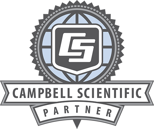 A gray and blue badge featuring a globe, a shield with the letters CS, and banners reading Campbell Scientific Partner.