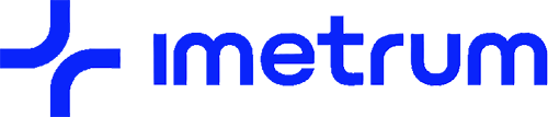 Blue stylized logo with two curved line shapes to the left, followed by the word imetrum in lowercase blue letters on a light gray background.