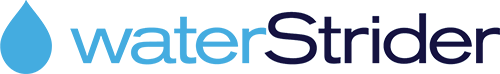 Logo with a blue water droplet icon followed by the word waterStrider in lowercase, where water is light blue and Strider is dark blue, on a light background.