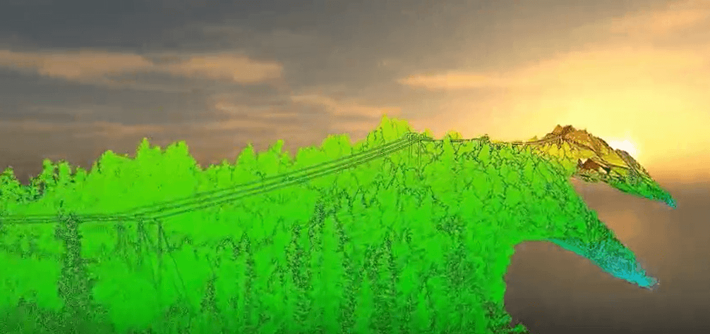 A digital illustration shows a green wireframe figure shaped like Godzilla, covered in trees and walking through a forest at sunset, with the sun glowing near its head.