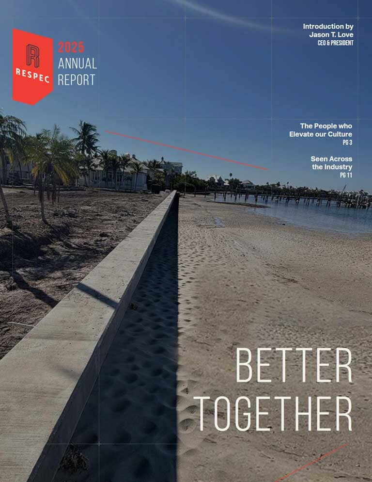 A sandy walkway beside a concrete wall on a beach with palm trees and buildings in the background. The text reads: RESPEC 2025 Annual Report. Better Together. Additional article highlights are listed.