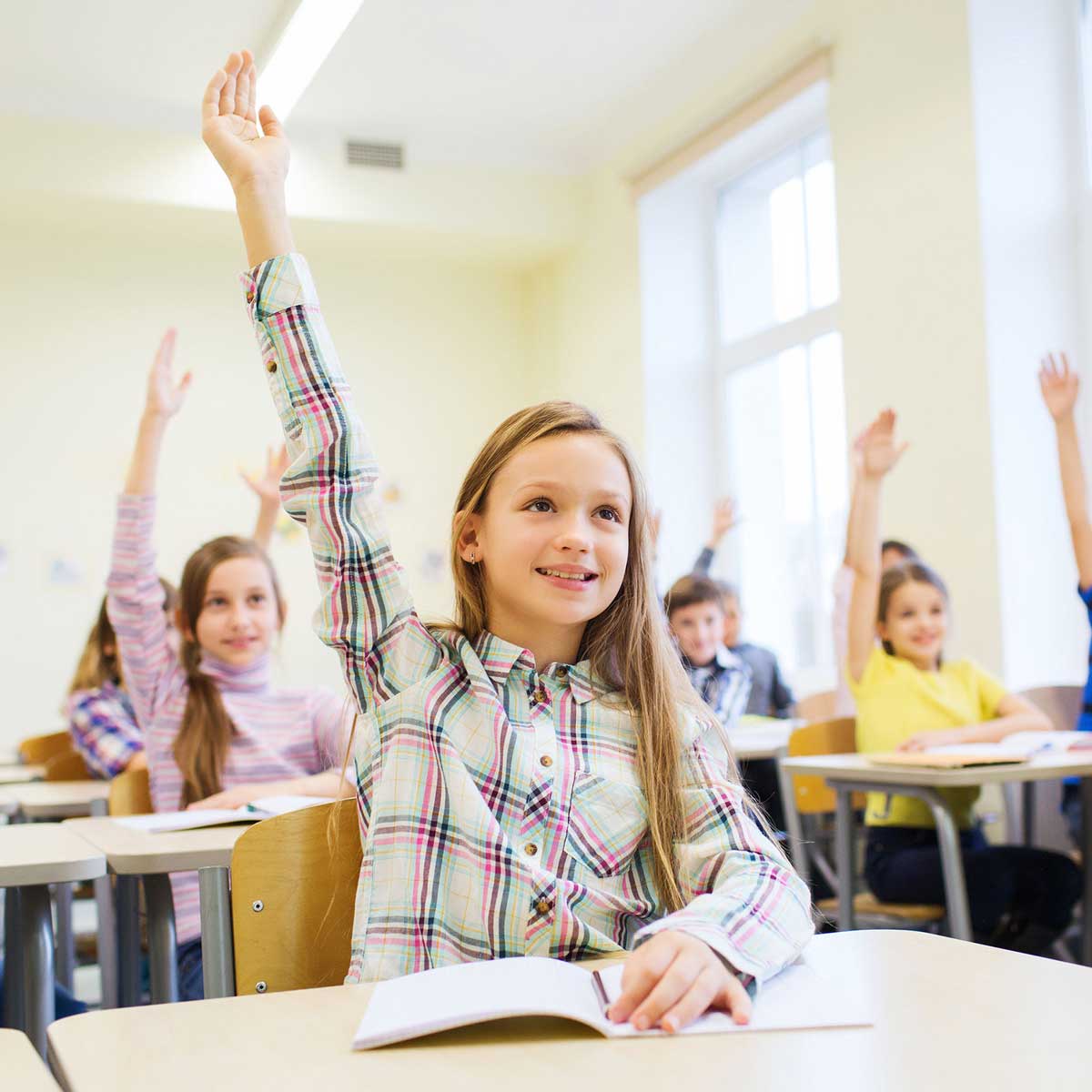 A girl raising her hand in a classroom or educational setting