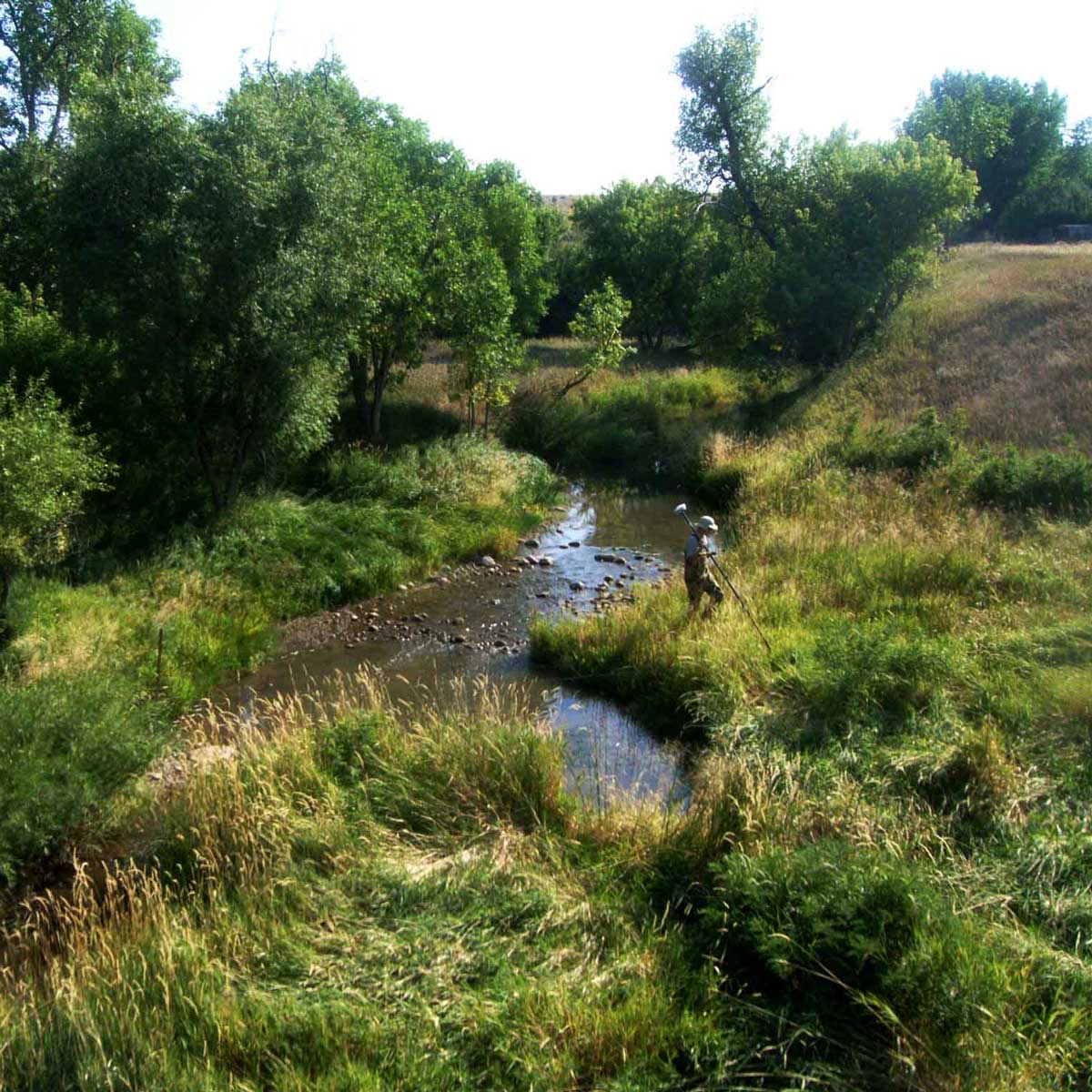 Environmental Services A surveyor alongside a stream running through green hills