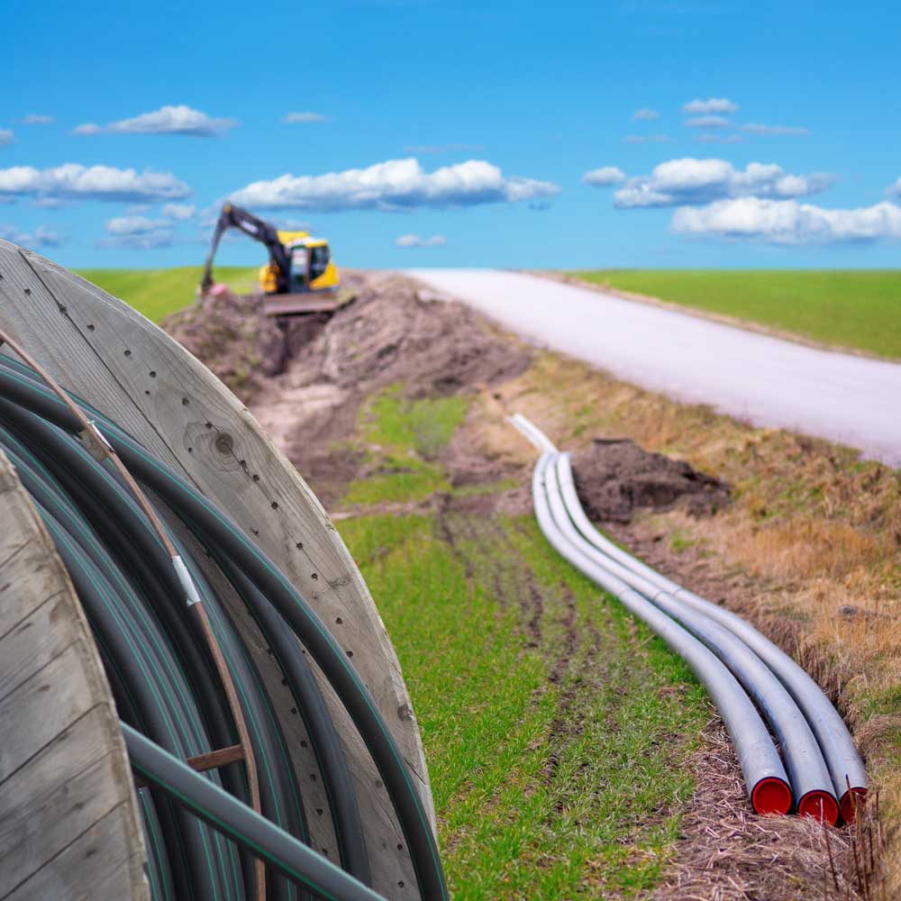 Engineering construction work digging in fiber optic and high-speed data lines